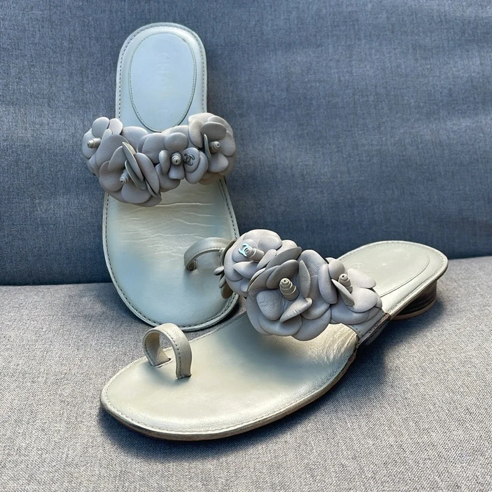 CHANEL Leather Camellia Sandals with Silver CC accents